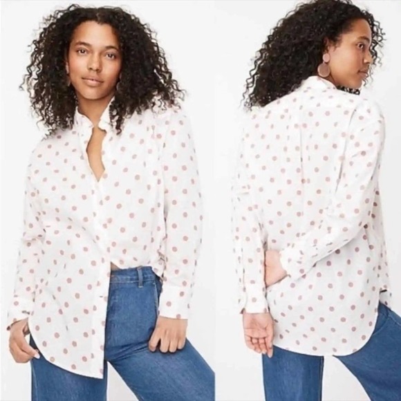 J Crew Relaxed Fit 100% Cotton Button Down Top w/Faded Red Polka Dots - Picture 1 of 11